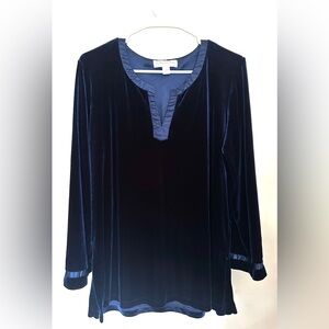 Oscar De La Renta Pink Label Velvet Top Womens Size L Satin Trim Blue Slit Side